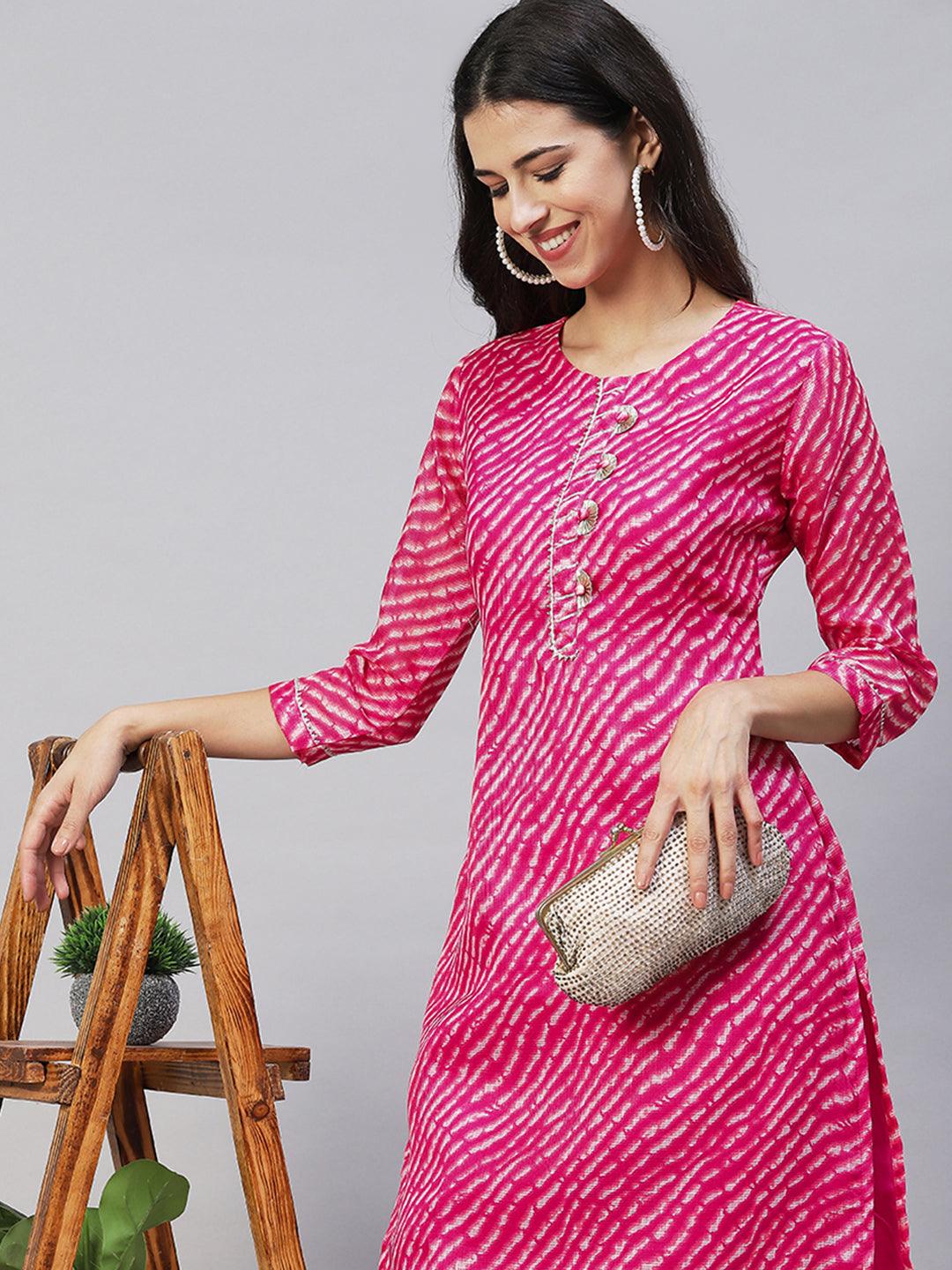 Leheriya Printed & Embroidered Straight Fit Kurta - Hot Pink - Indiakreations