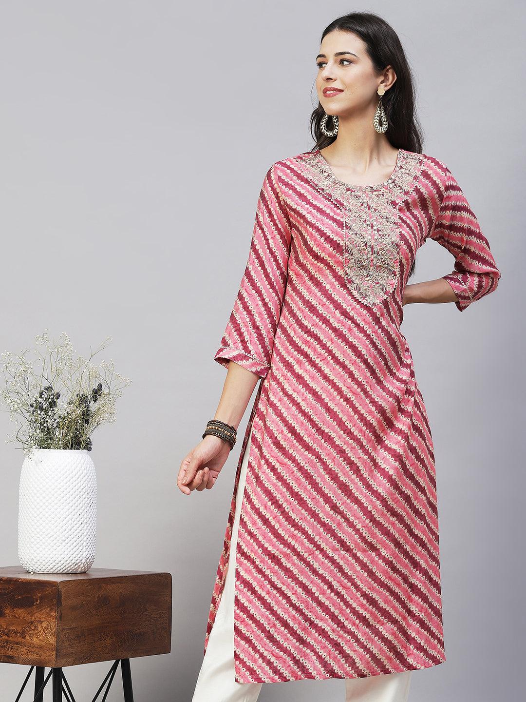 Ethnic Printed & Embroidered Straight Fit Kurta - Multi - Indiakreations