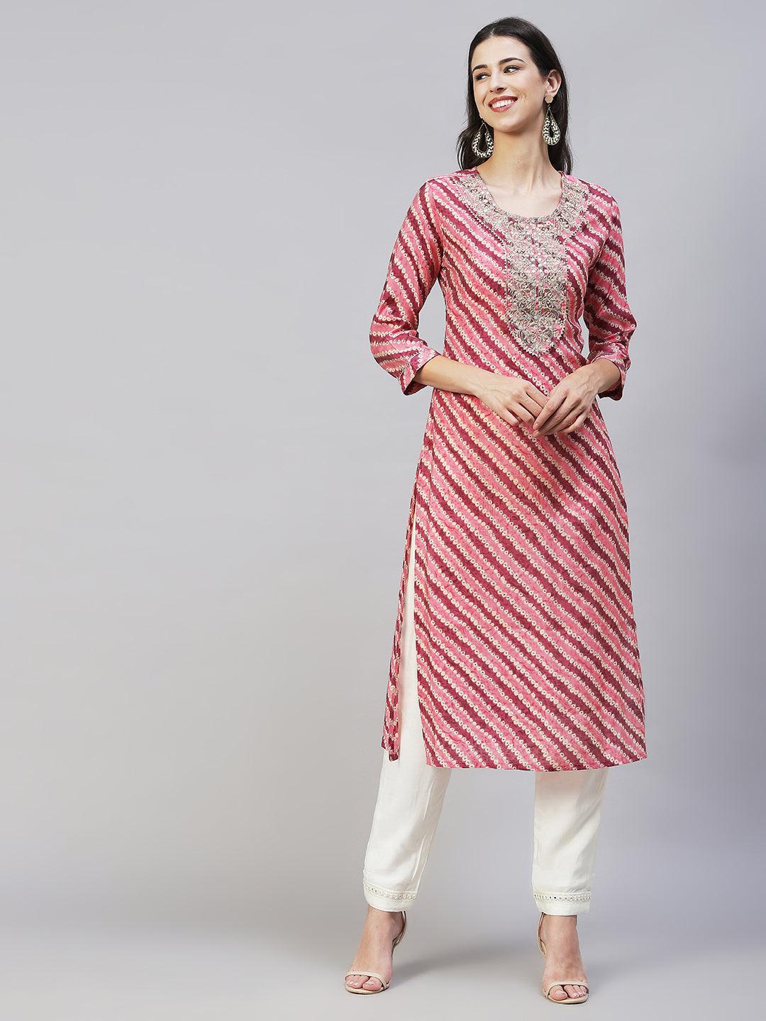 Ethnic Printed & Embroidered Straight Fit Kurta - Multi - Indiakreations