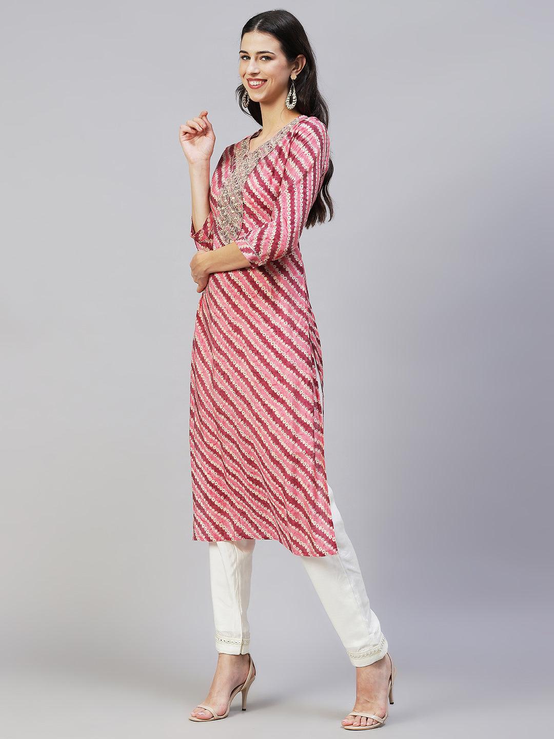 Ethnic Printed & Embroidered Straight Fit Kurta - Multi - Indiakreations