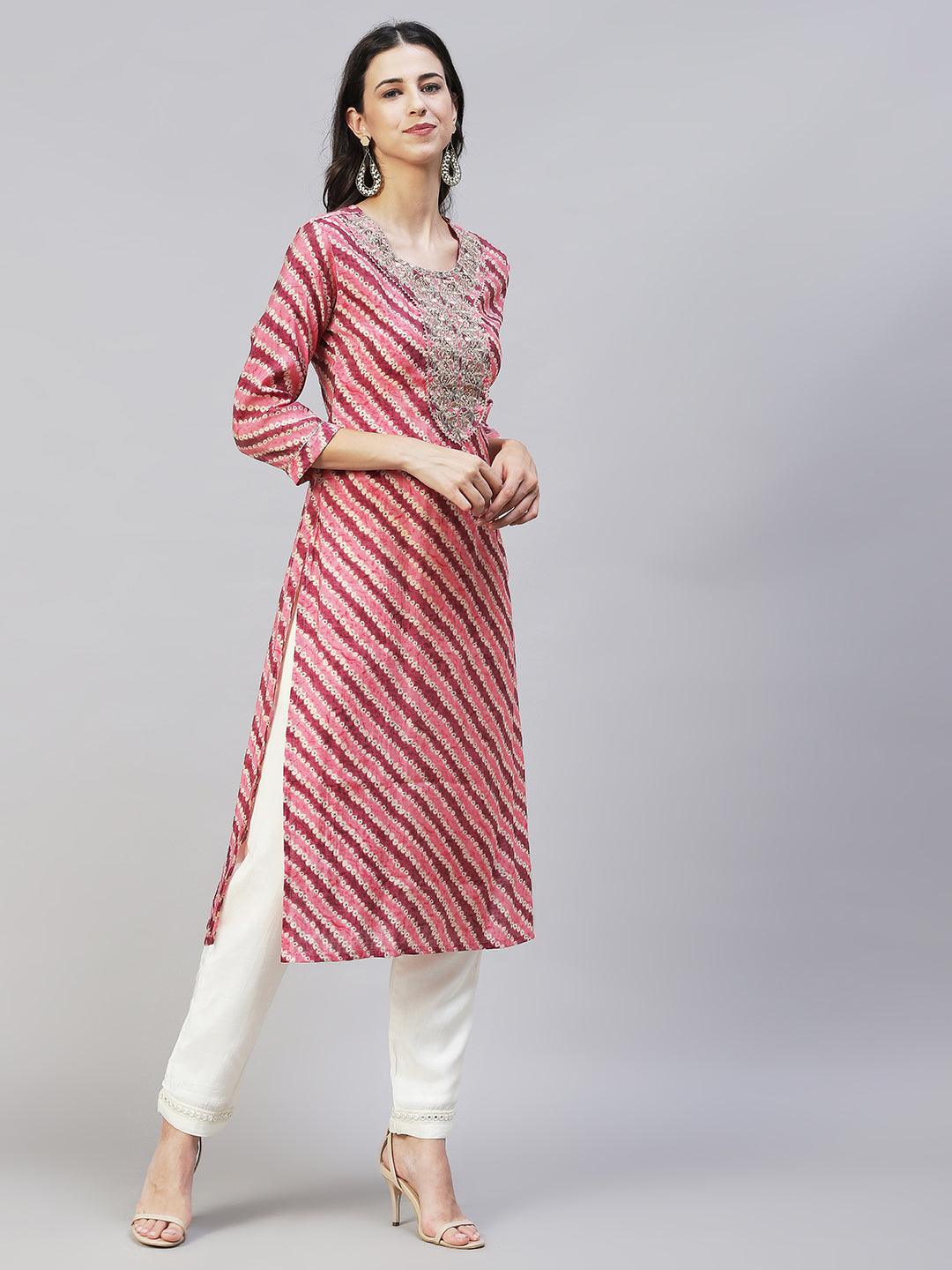 Ethnic Printed & Embroidered Straight Fit Kurta - Multi - Indiakreations