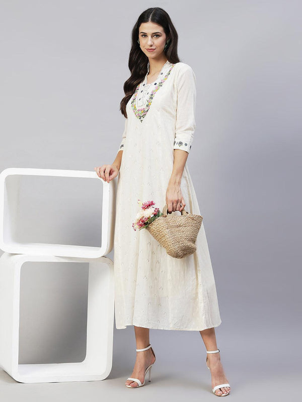 Solid Floral Hand Embroidered A-Line Maxi Dress - Off White - Indiakreations