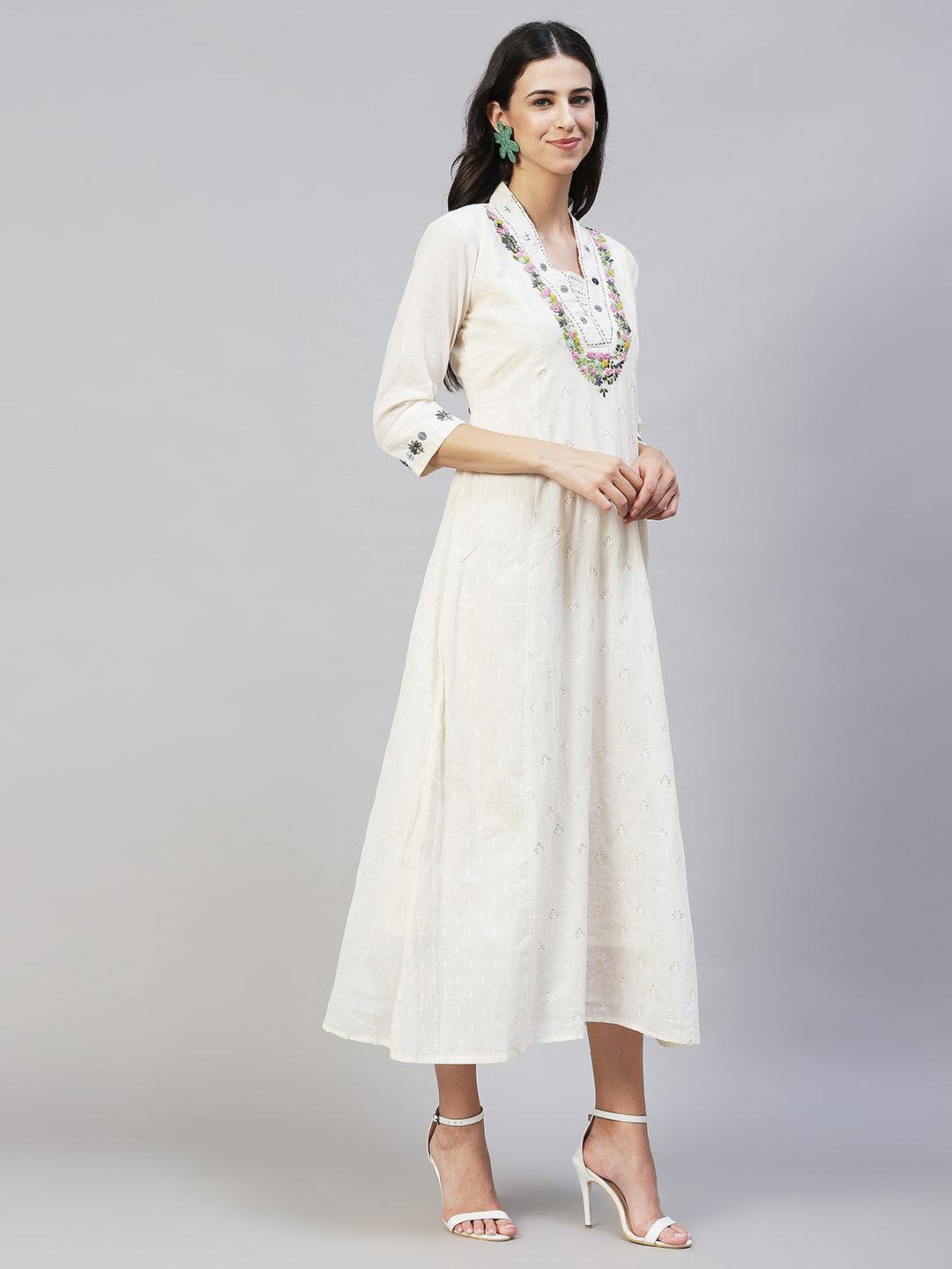 Solid Floral Hand Embroidered A-Line Maxi Dress - Off White - Indiakreations