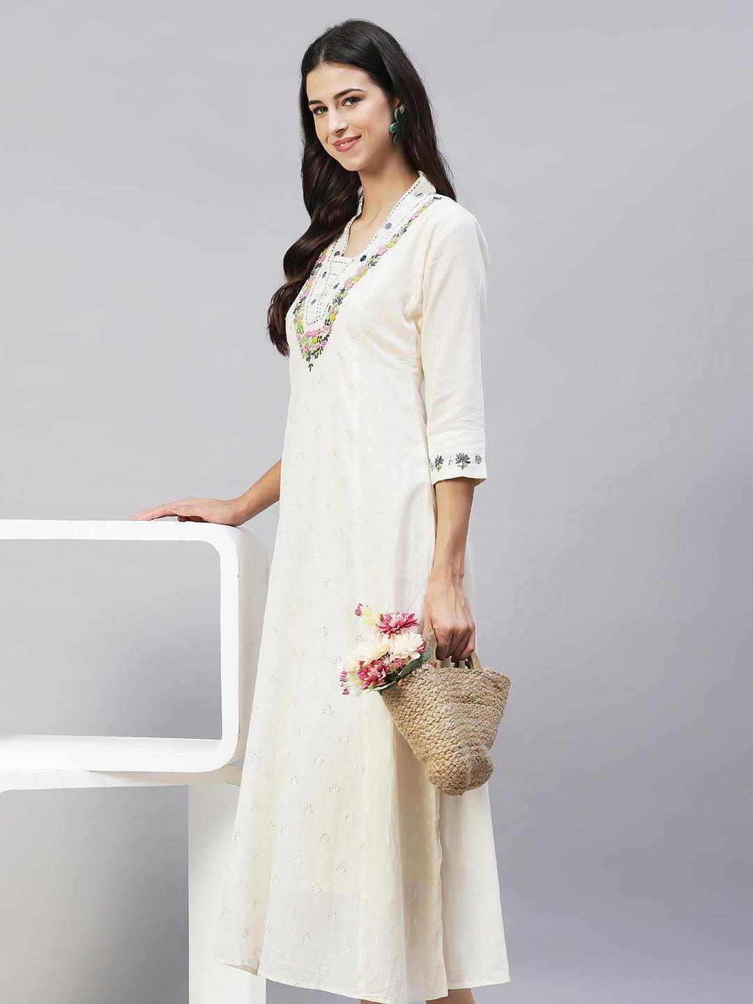 Solid Floral Hand Embroidered A-Line Maxi Dress - Off White - Indiakreations