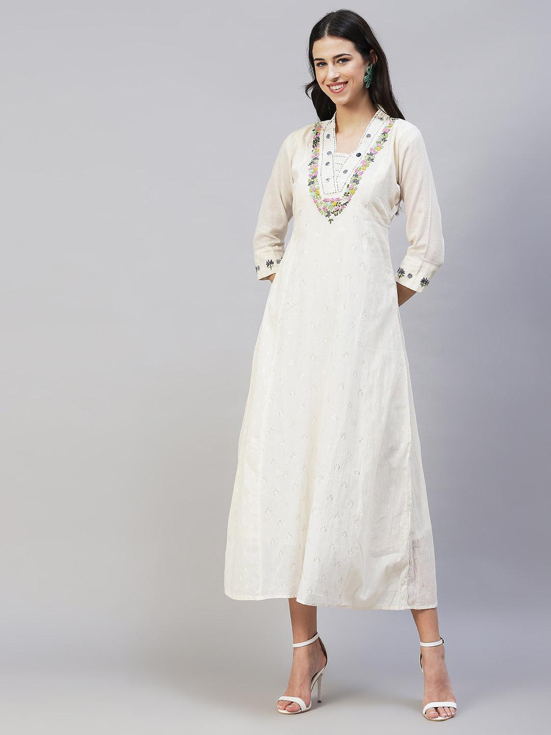 Solid Floral Hand Embroidered A-Line Maxi Dress - Off White - Indiakreations