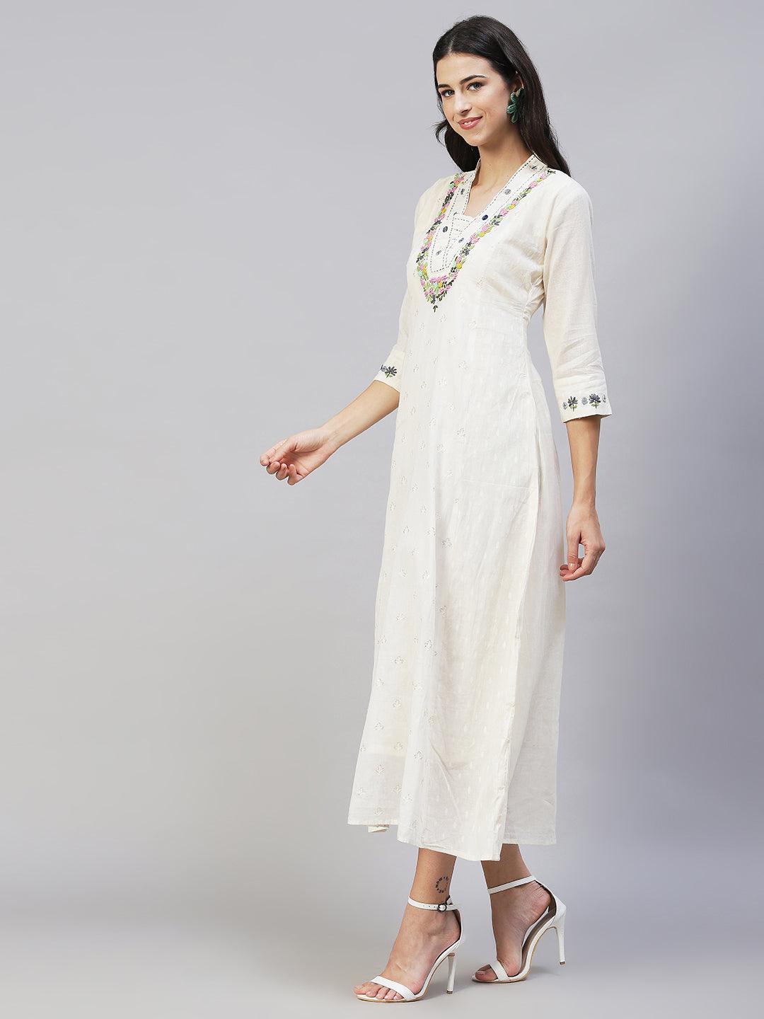 Solid Floral Hand Embroidered A-Line Maxi Dress - Off White - Indiakreations