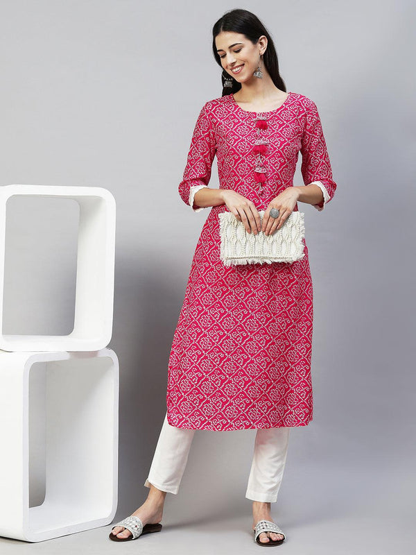 Bandhani Printed & Embroidered Straight Fit Kurta - Hot Pink - Indiakreations