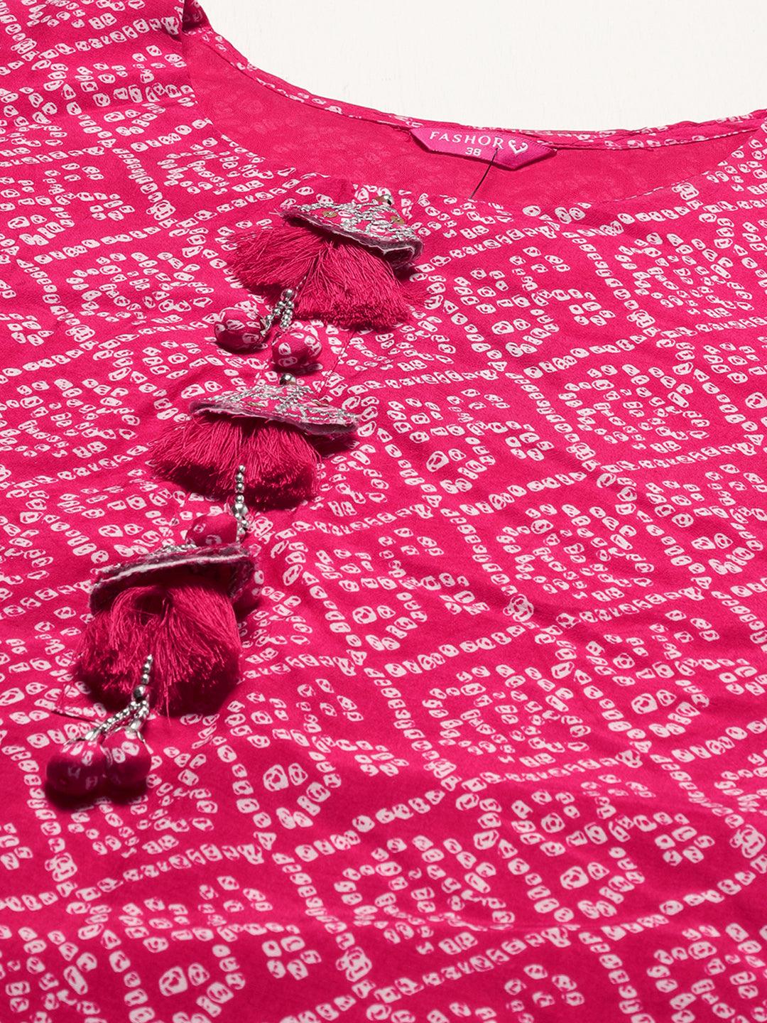 Bandhani Printed & Embroidered Straight Fit Kurta - Hot Pink - Indiakreations