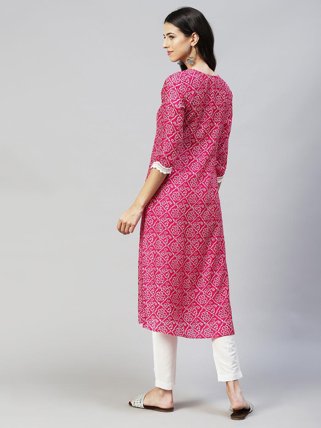 Bandhani Printed & Embroidered Straight Fit Kurta - Hot Pink - Indiakreations