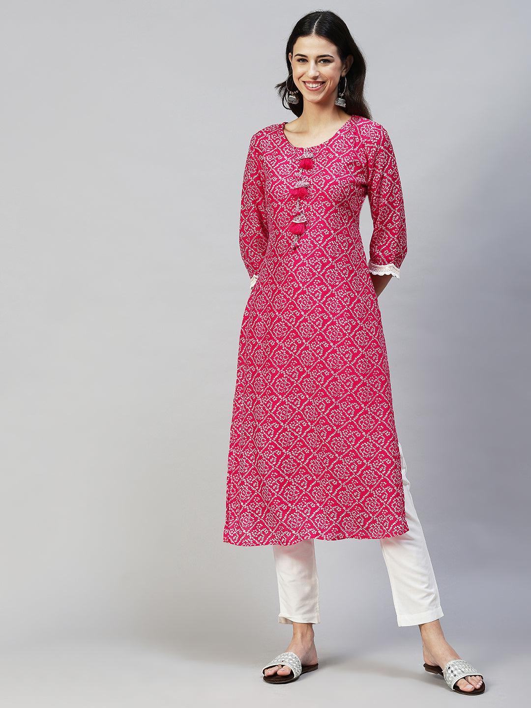 Bandhani Printed & Embroidered Straight Fit Kurta - Hot Pink - Indiakreations