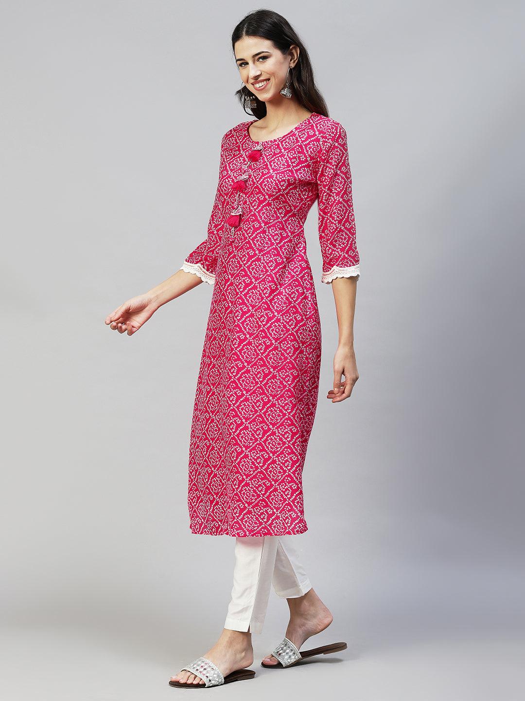 Bandhani Printed & Embroidered Straight Fit Kurta - Hot Pink - Indiakreations