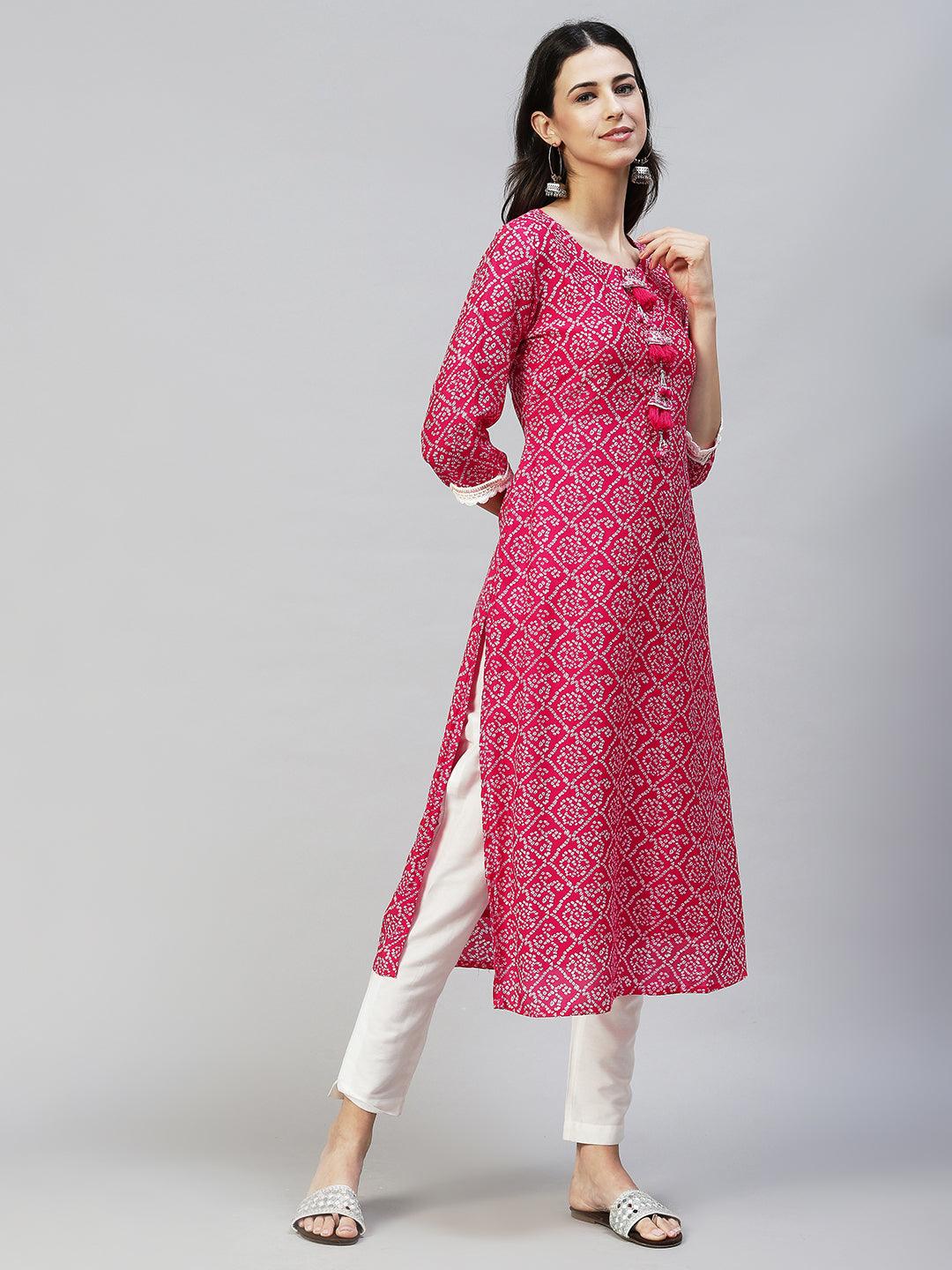 Bandhani Printed & Embroidered Straight Fit Kurta - Hot Pink - Indiakreations