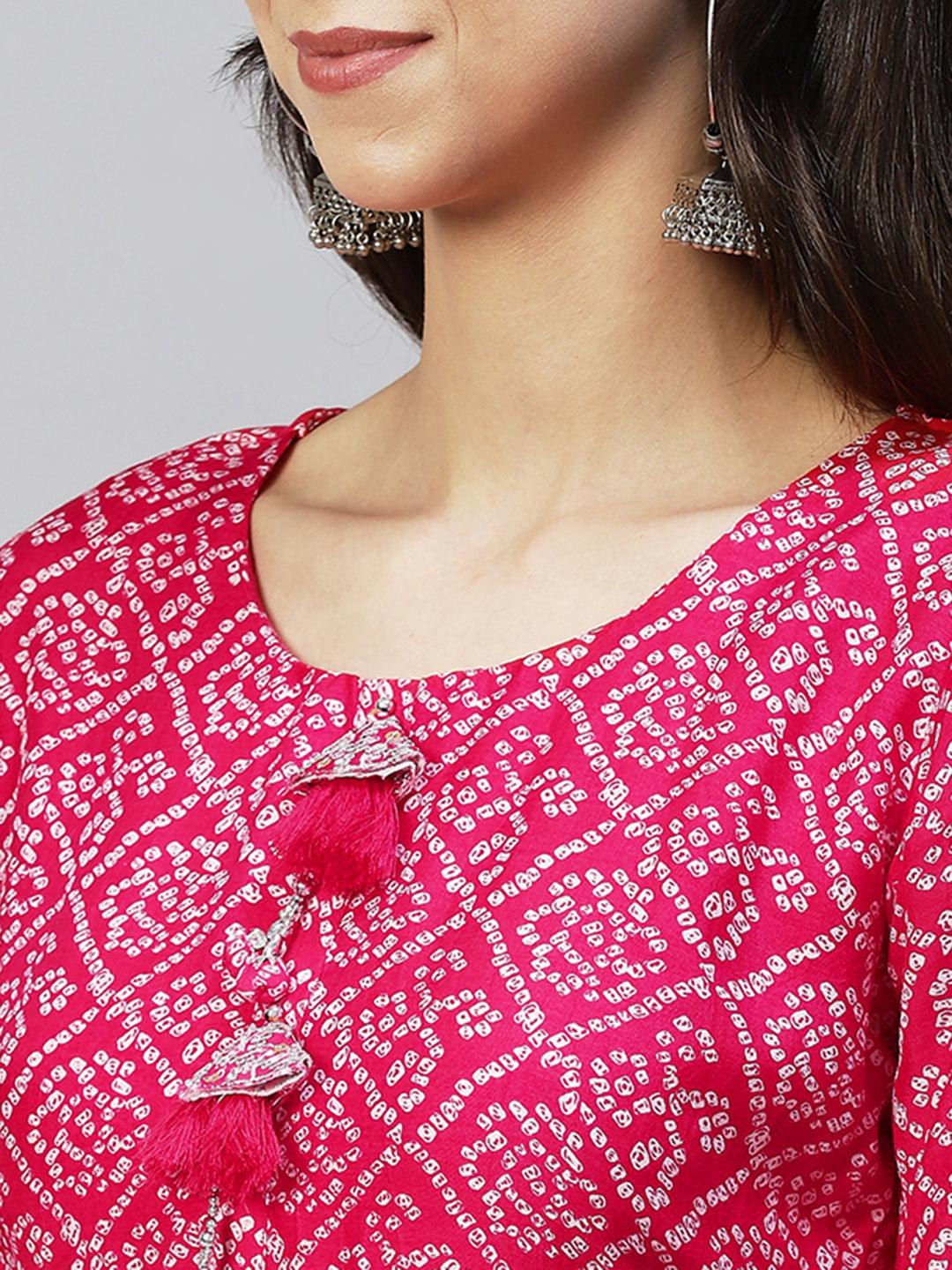 Bandhani Printed & Embroidered Straight Fit Kurta - Hot Pink - Indiakreations