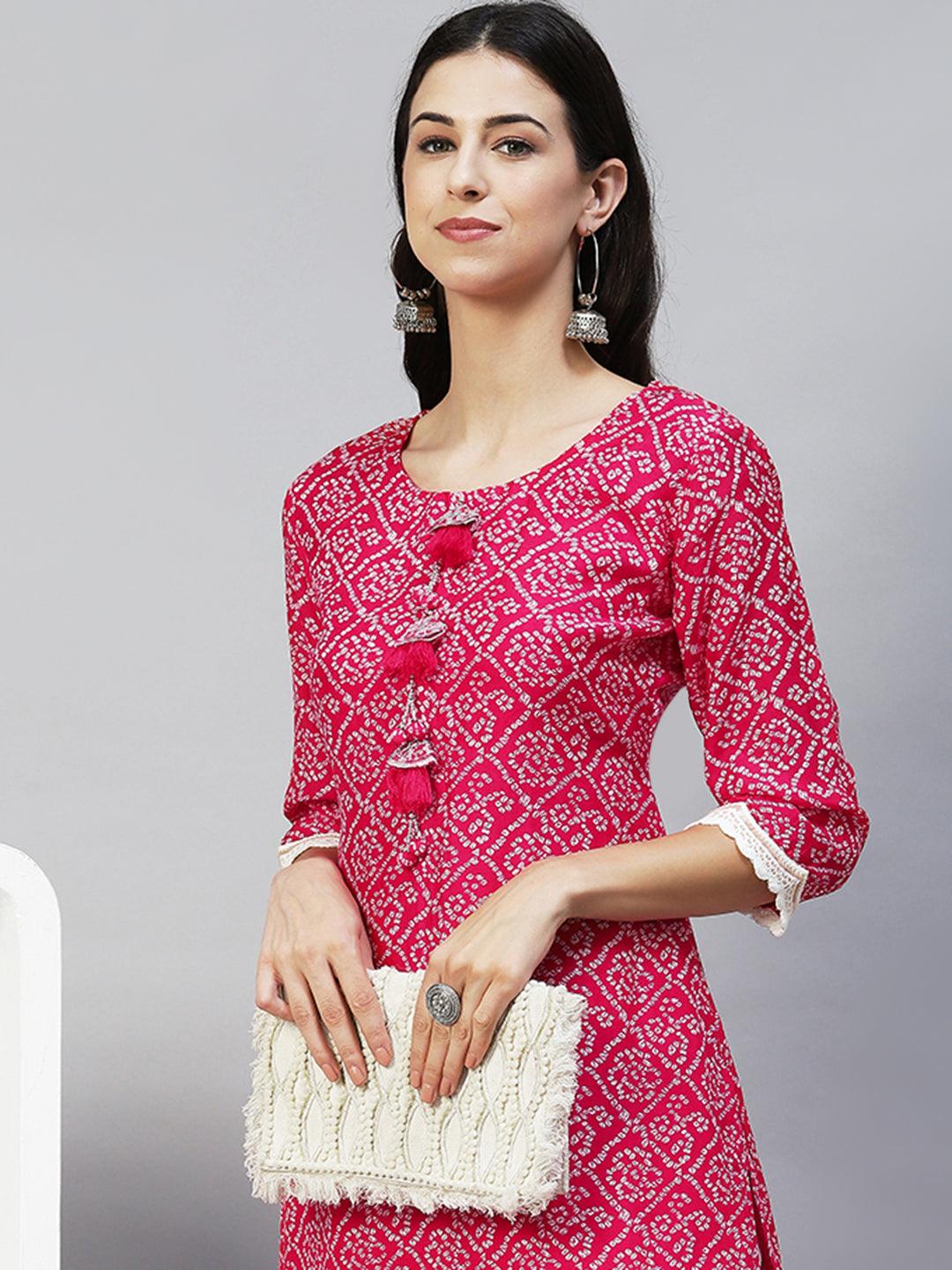 Bandhani Printed & Embroidered Straight Fit Kurta - Hot Pink - Indiakreations