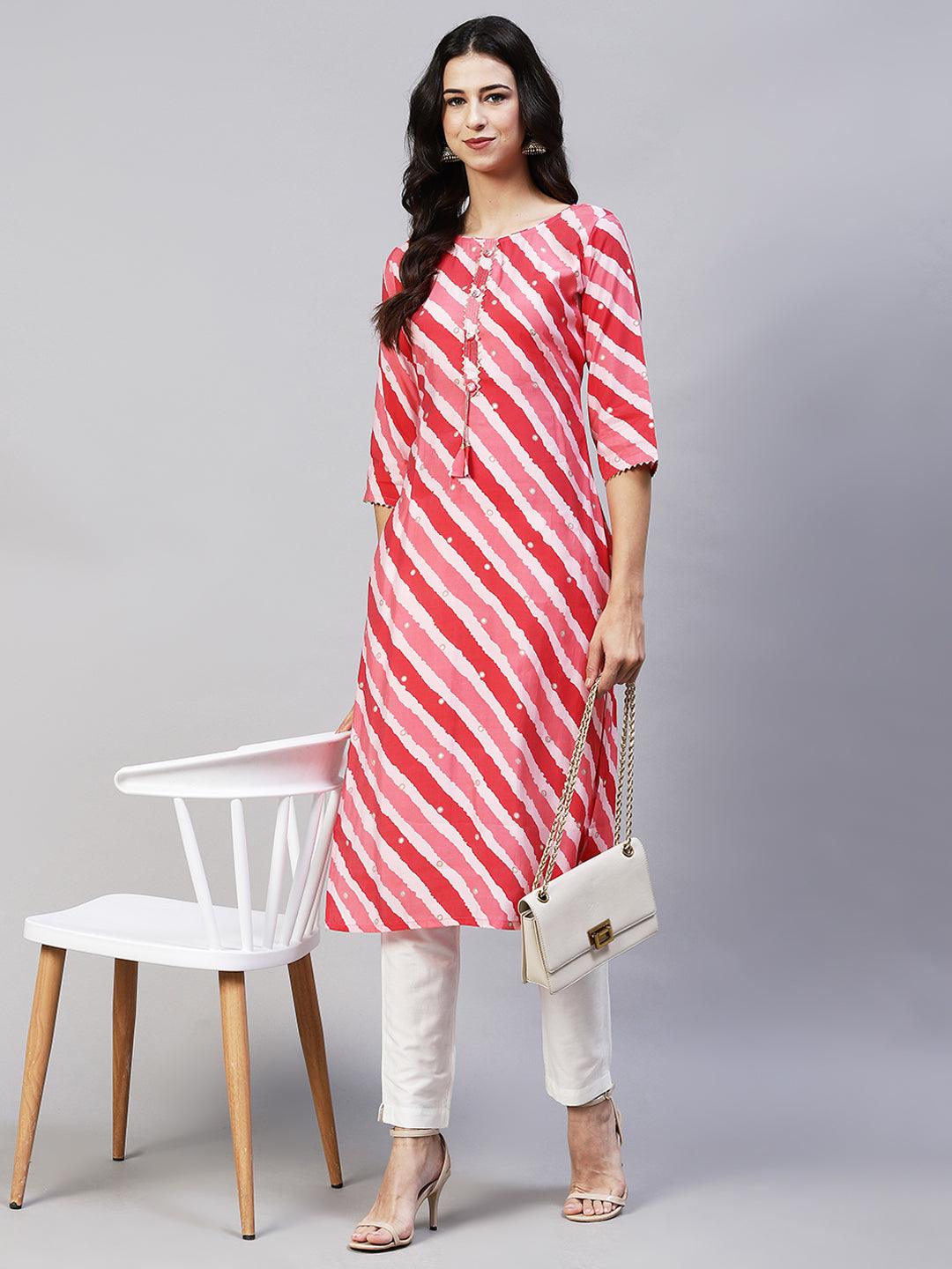 Leheriya Printed & Embroidered Straight Fit Kurta - Multi - Indiakreations