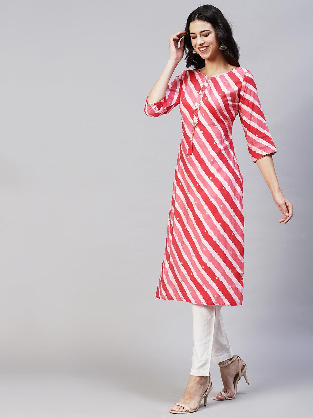 Leheriya Printed & Embroidered Straight Fit Kurta - Multi - Indiakreations