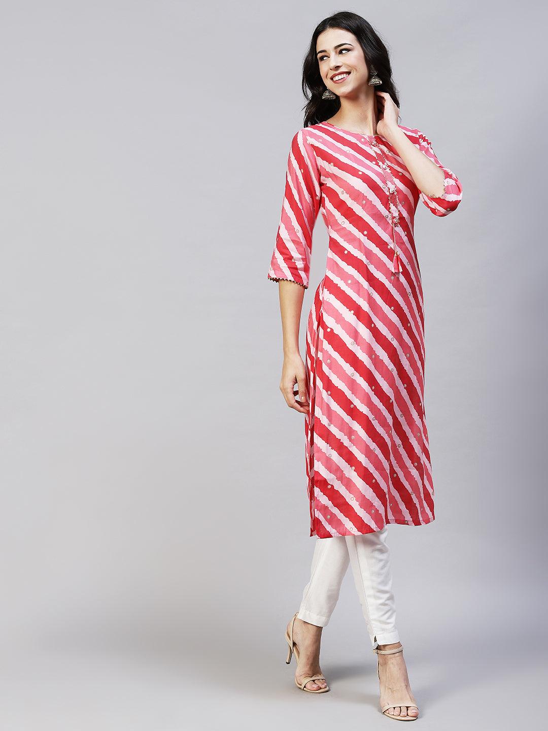 Leheriya Printed & Embroidered Straight Fit Kurta - Multi - Indiakreations