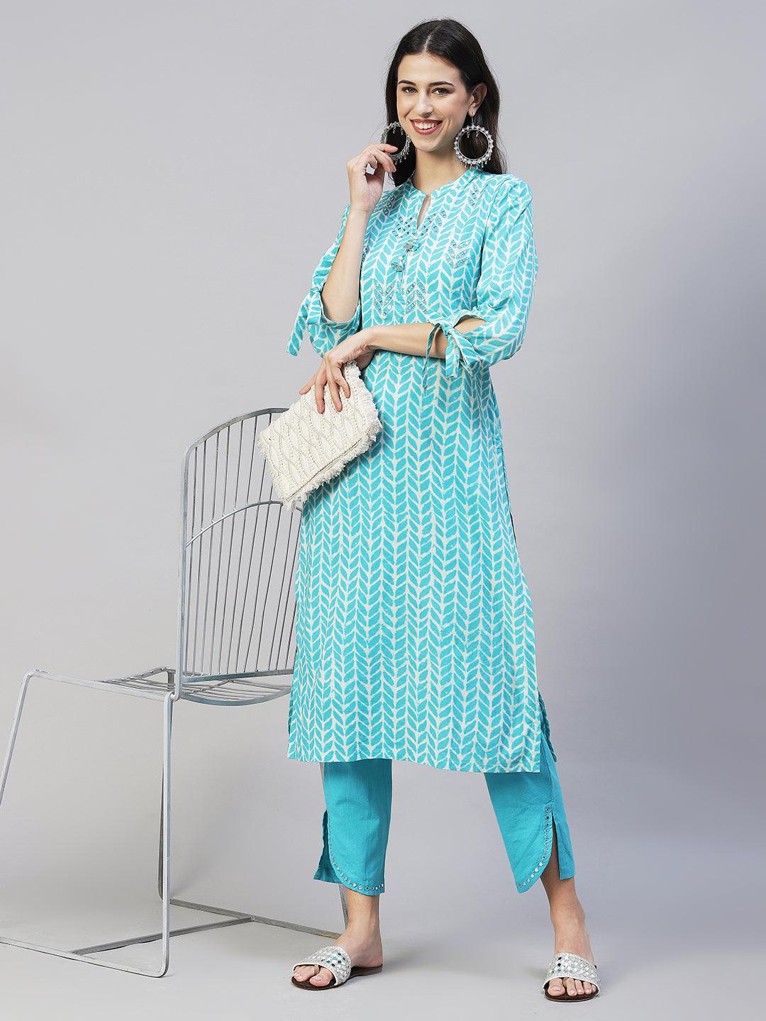 Ethnic Printed & Embroidered Straight Fit Kurta with Pants – Aqua Blue - Indiakreations