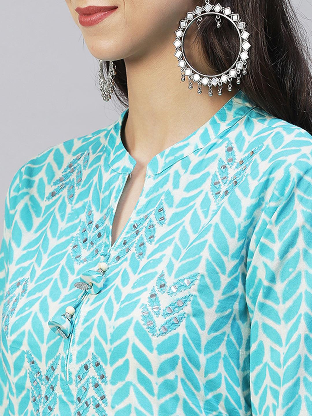 Ethnic Printed & Embroidered Straight Fit Kurta with Pants – Aqua Blue - Indiakreations