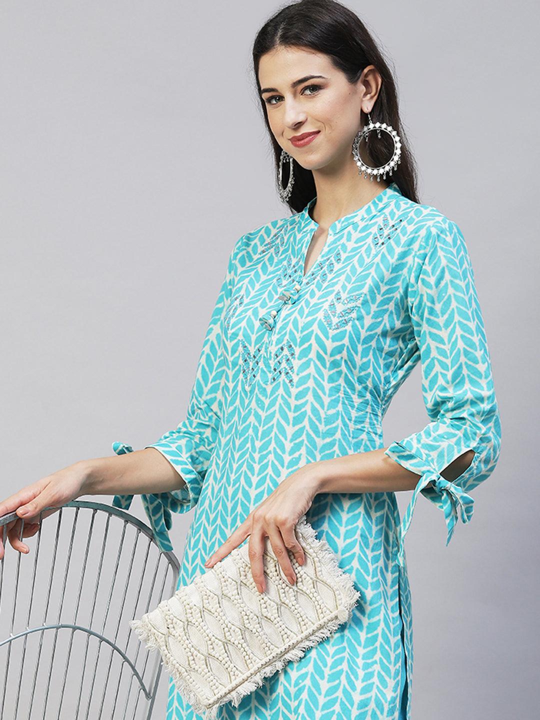 Ethnic Printed & Embroidered Straight Fit Kurta with Pants – Aqua Blue - Indiakreations