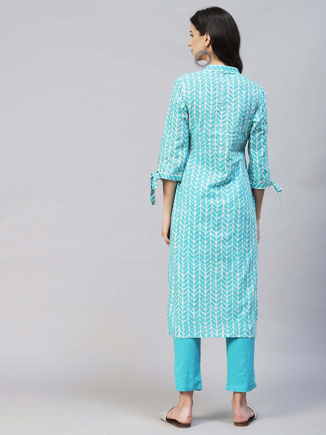 Ethnic Printed & Embroidered Straight Fit Kurta with Pants – Aqua Blue - Indiakreations