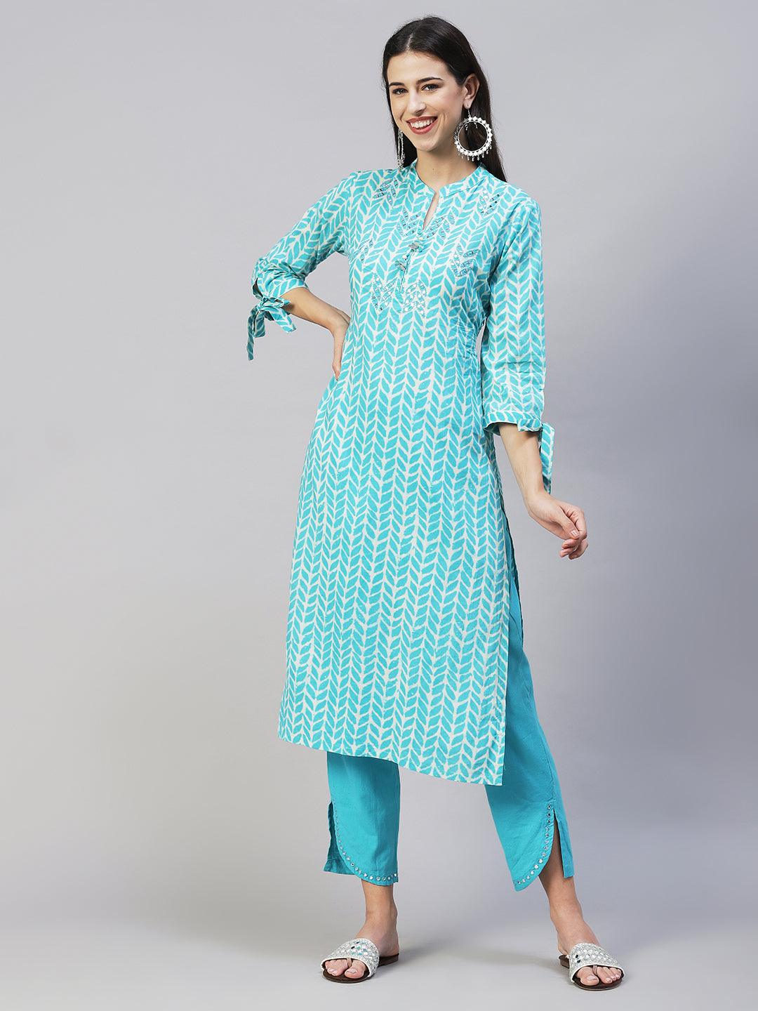 Ethnic Printed & Embroidered Straight Fit Kurta with Pants – Aqua Blue - Indiakreations