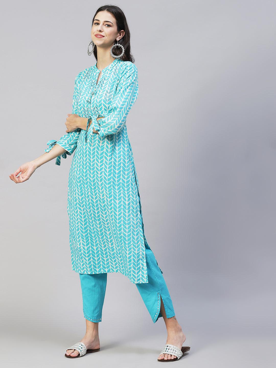 Ethnic Printed & Embroidered Straight Fit Kurta with Pants – Aqua Blue - Indiakreations