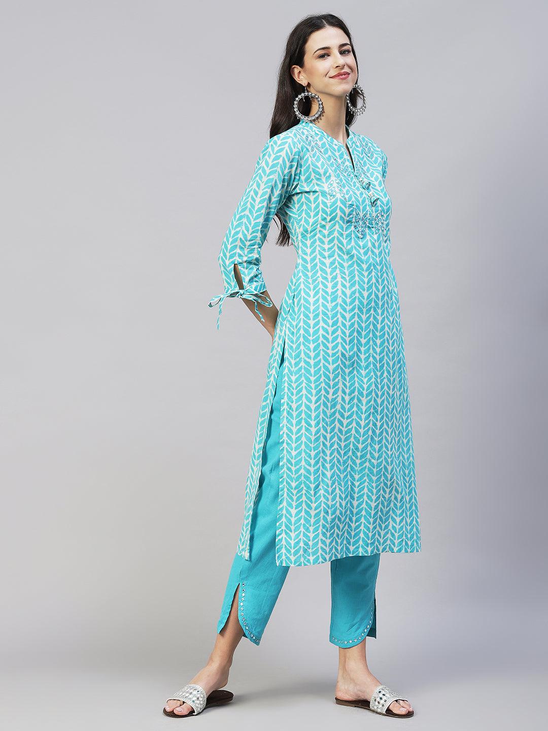 Ethnic Printed & Embroidered Straight Fit Kurta with Pants – Aqua Blue - Indiakreations