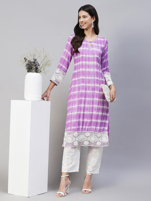 Tie-Dye & Embroidered Straight Kurta with Pants - Purple - Indiakreations