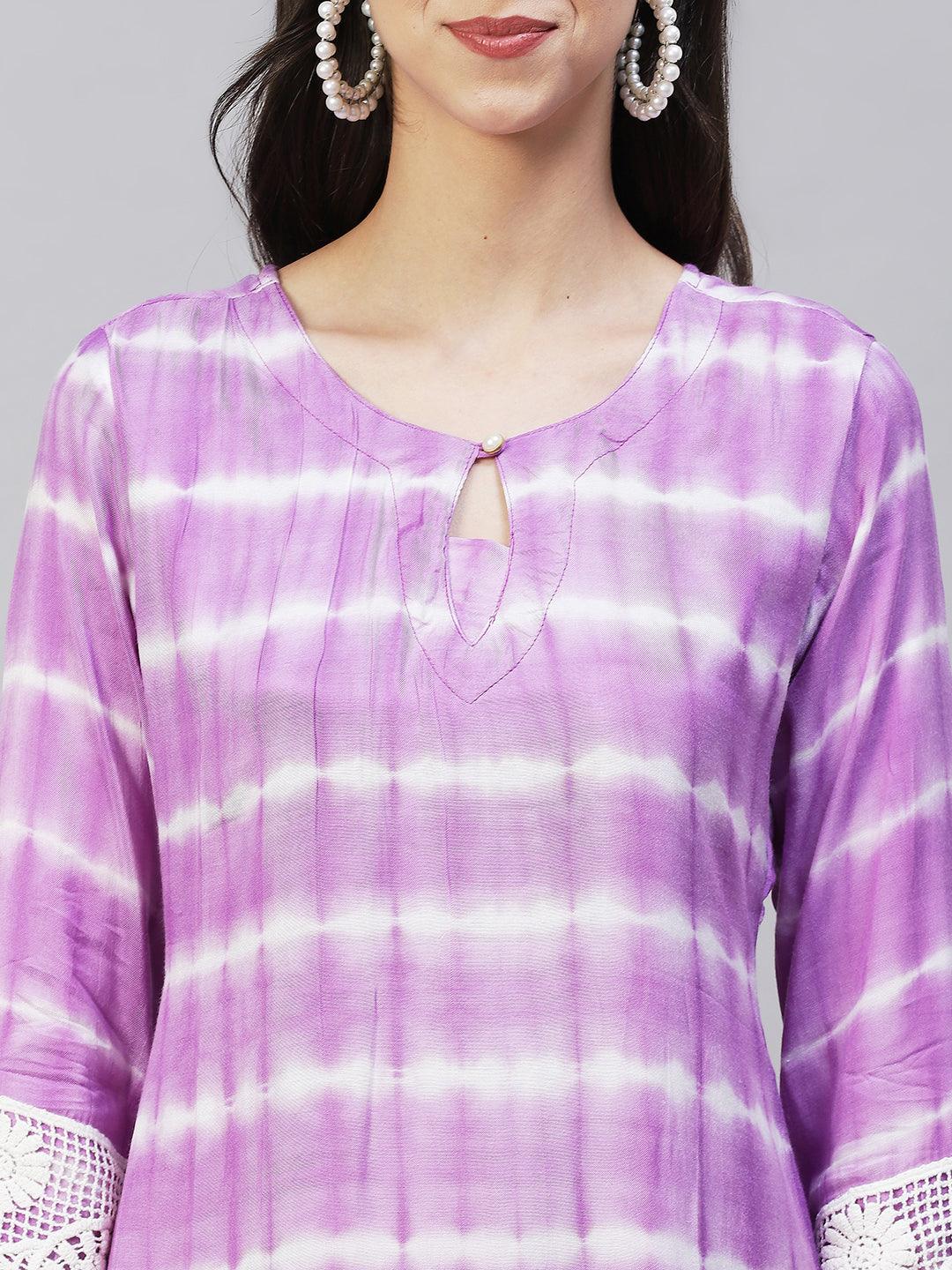 Tie-Dye & Embroidered Straight Kurta with Pants - Purple - Indiakreations