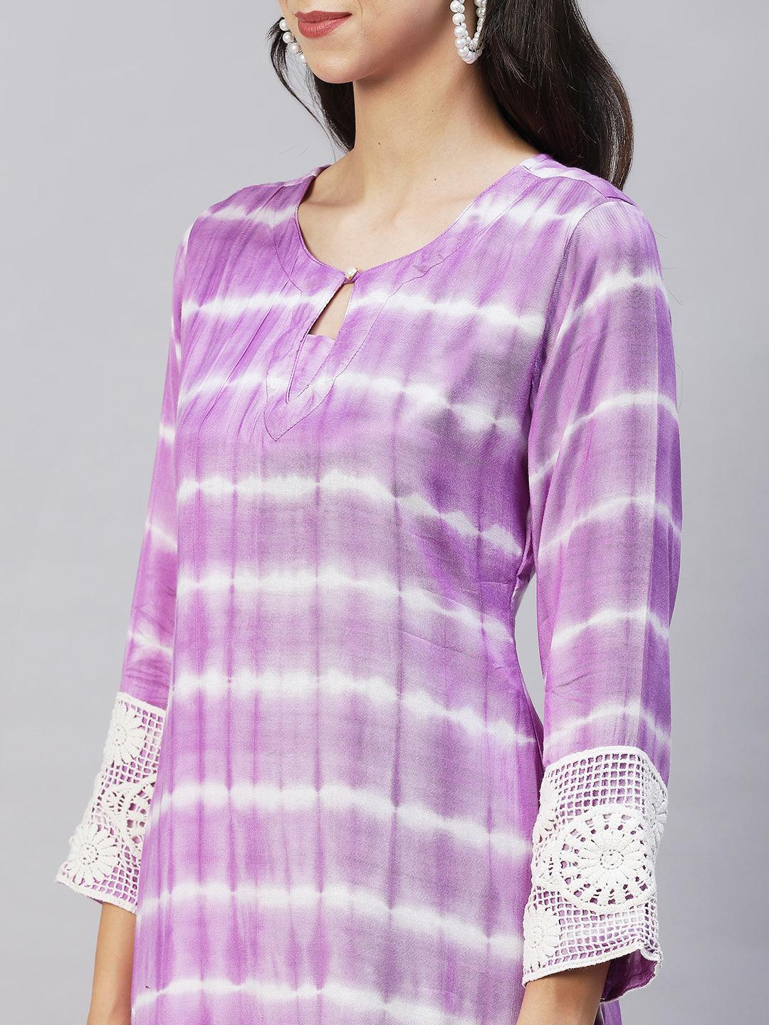 Tie-Dye & Embroidered Straight Kurta with Pants - Purple - Indiakreations