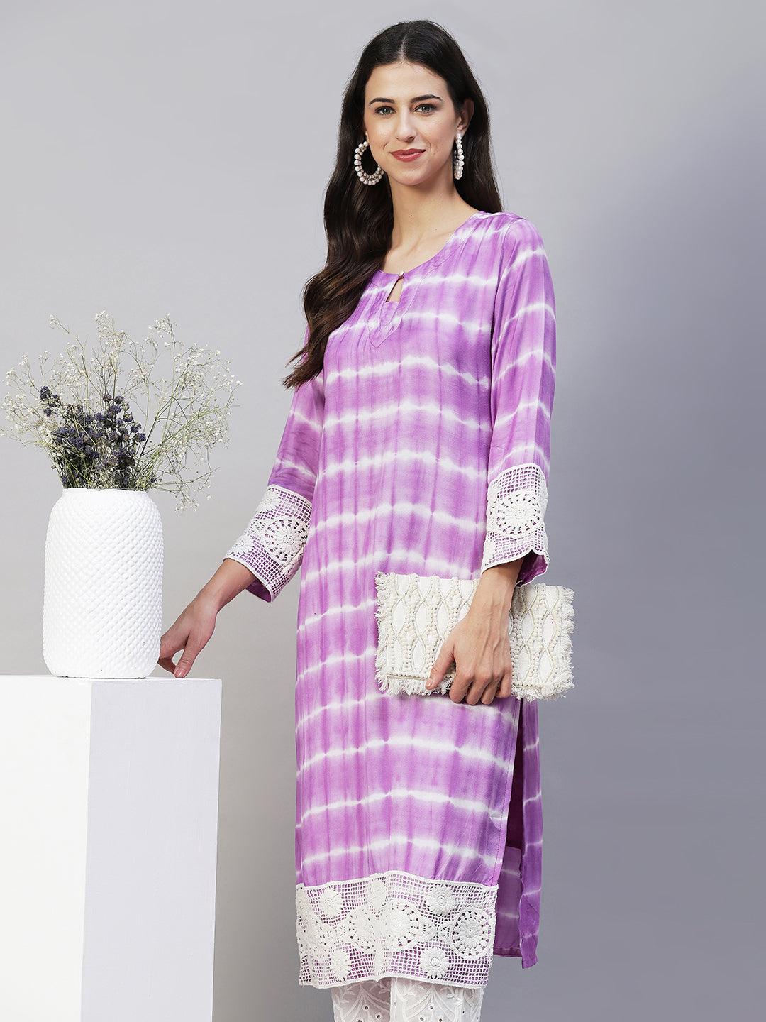 Tie-Dye & Embroidered Straight Kurta with Pants - Purple - Indiakreations