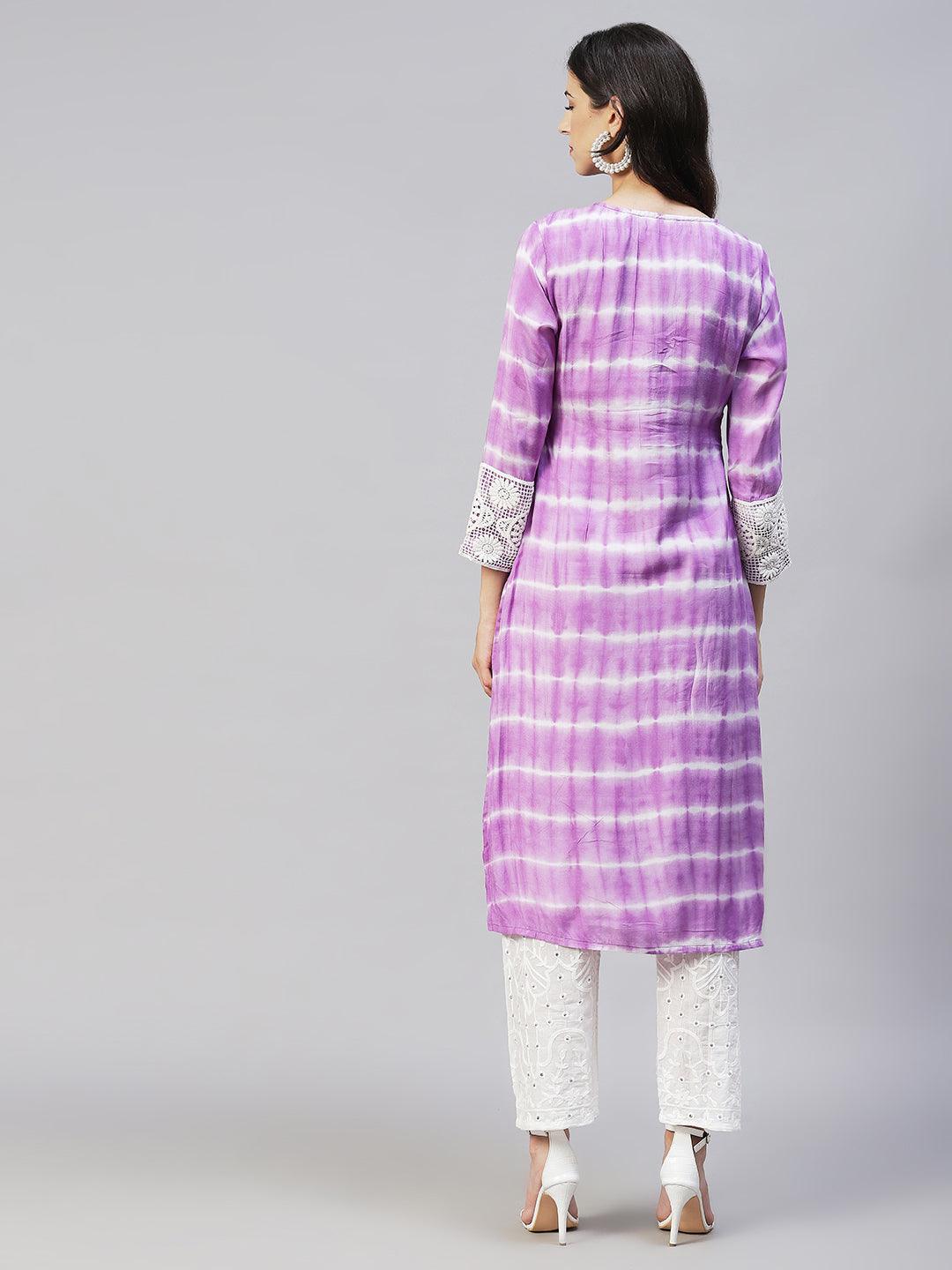 Tie-Dye & Embroidered Straight Kurta with Pants - Purple - Indiakreations