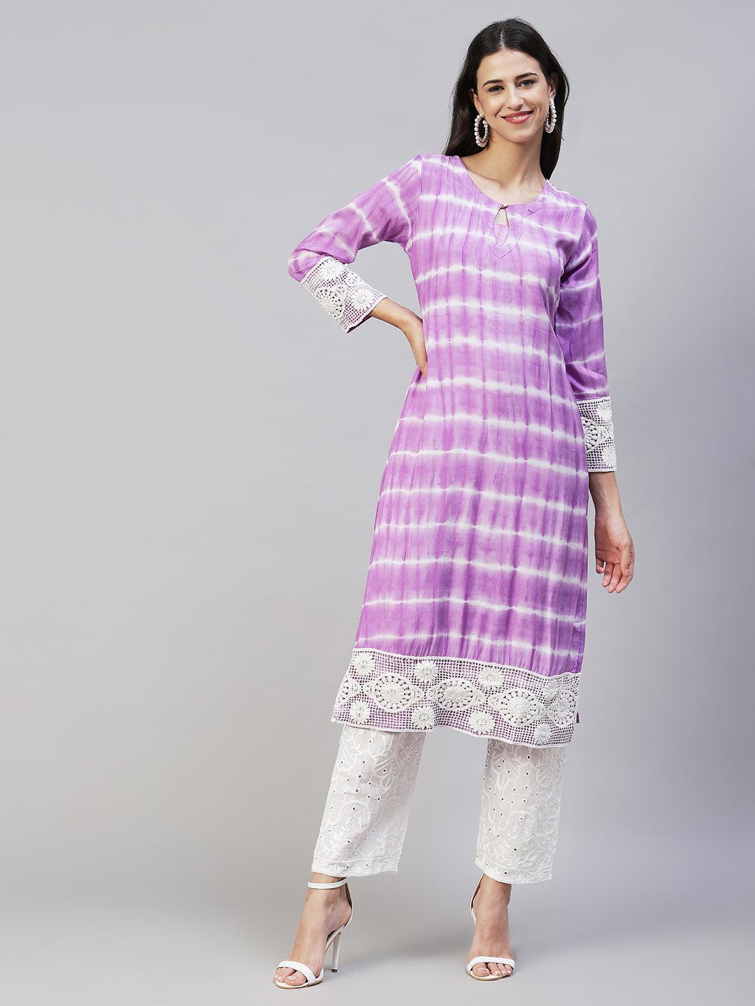 Tie-Dye & Embroidered Straight Kurta with Pants - Purple - Indiakreations