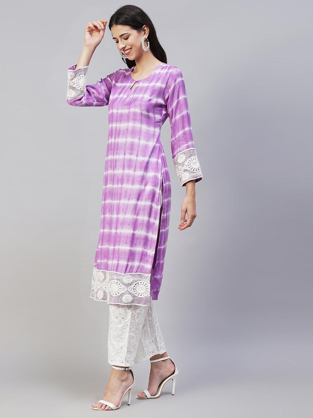 Tie-Dye & Embroidered Straight Kurta with Pants - Purple - Indiakreations