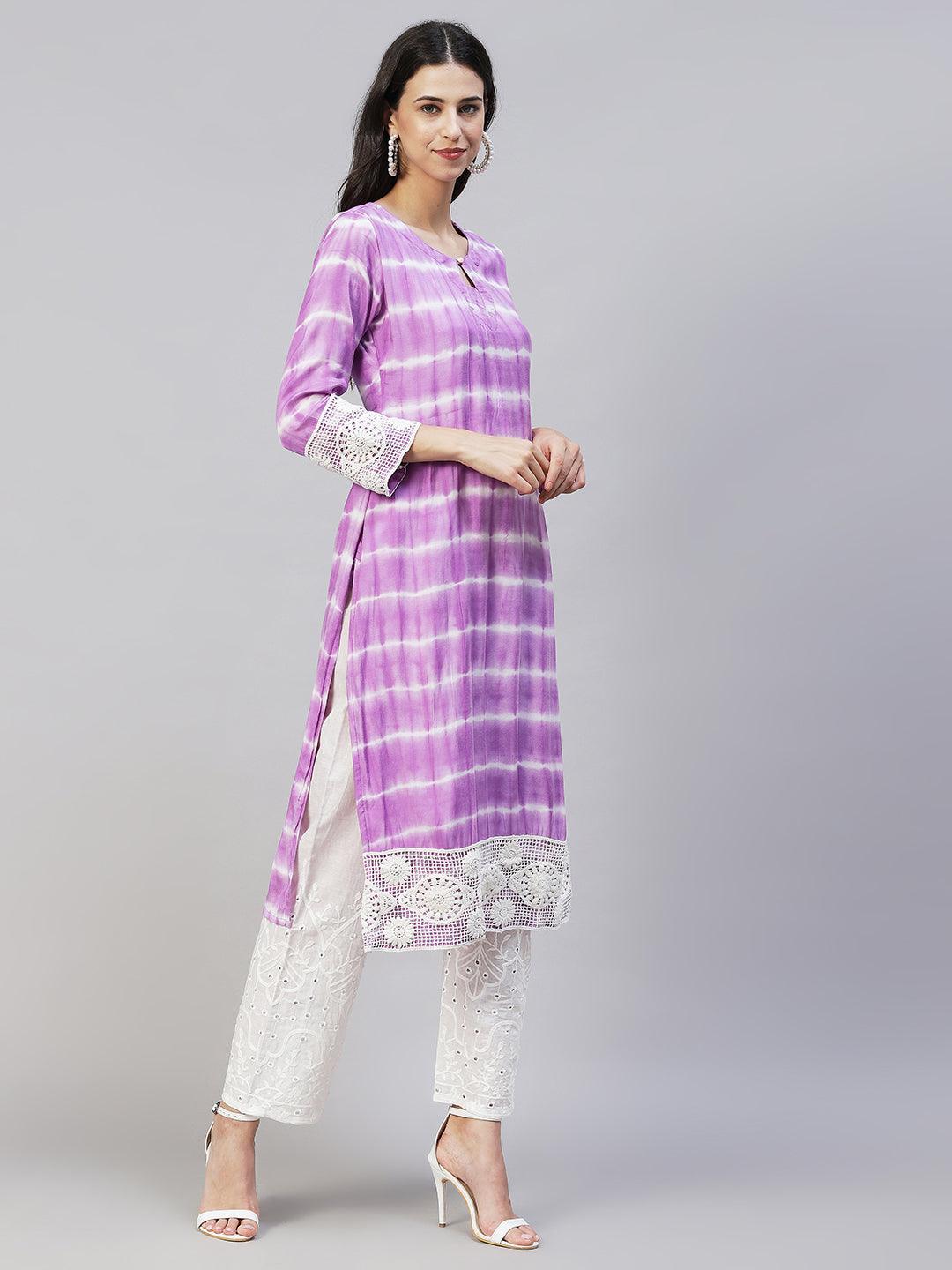 Tie-Dye & Embroidered Straight Kurta with Pants - Purple - Indiakreations