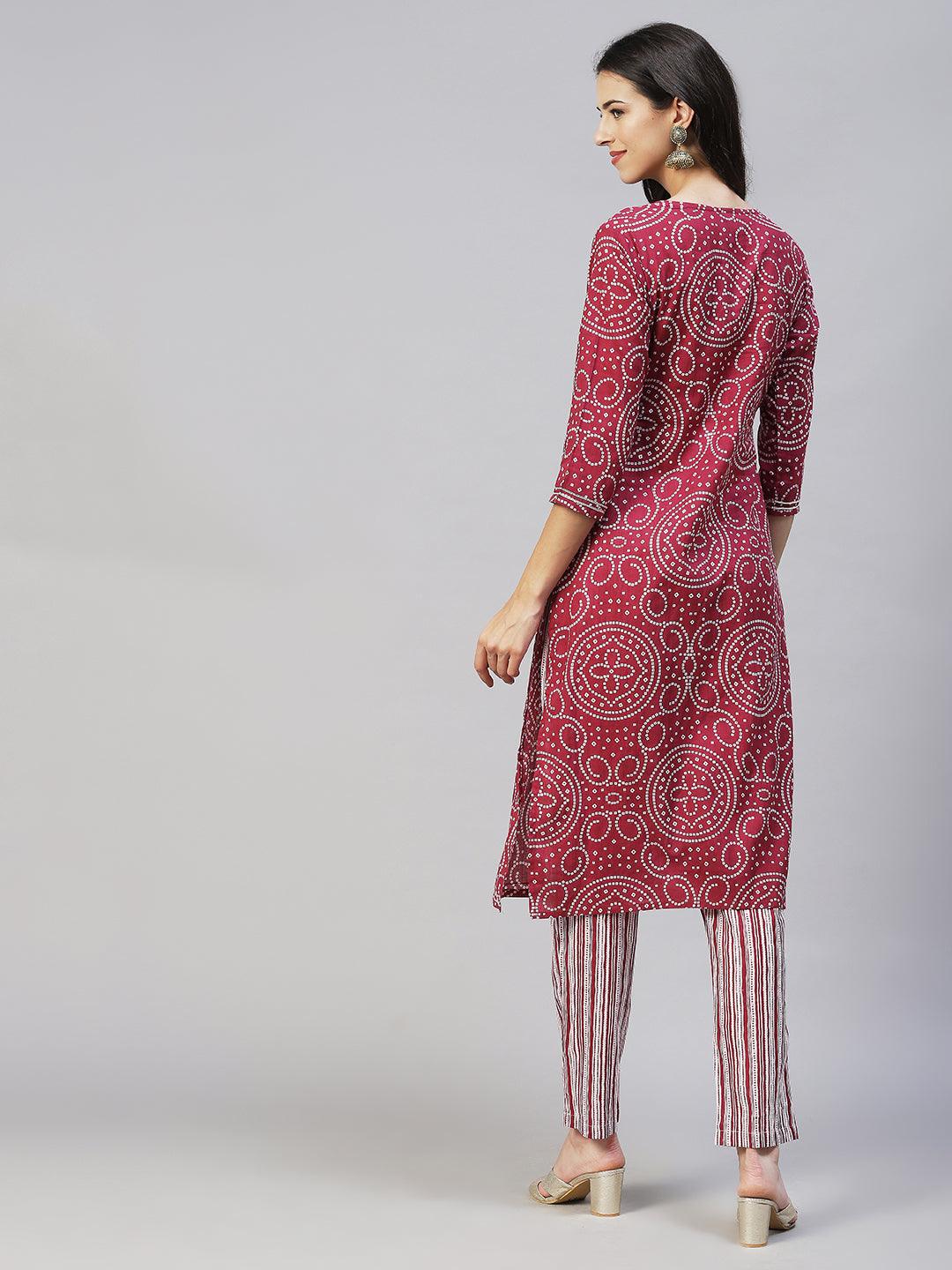 Bandhani Printed & Embroidered Straight Kurta with Pants - Light Wine - Indiakreations