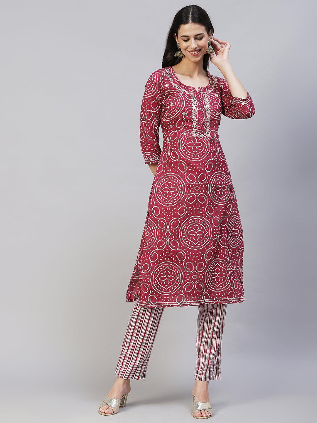 Bandhani Printed & Embroidered Straight Kurta with Pants - Light Wine - Indiakreations