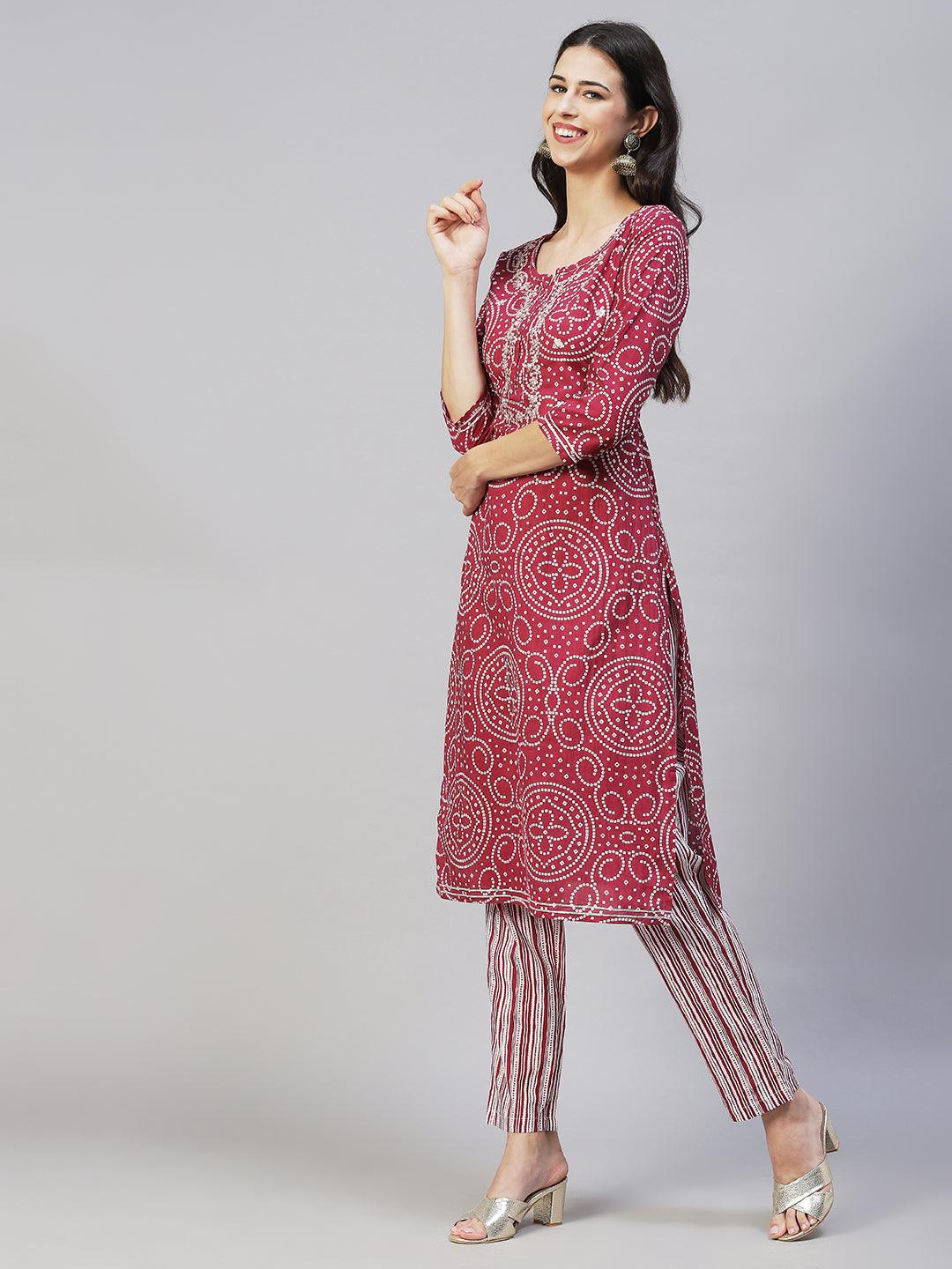 Bandhani Printed & Embroidered Straight Kurta with Pants - Light Wine - Indiakreations