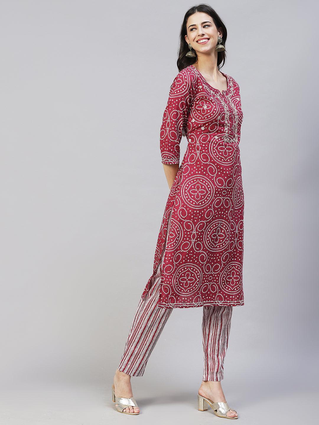 Bandhani Printed & Embroidered Straight Kurta with Pants - Light Wine - Indiakreations