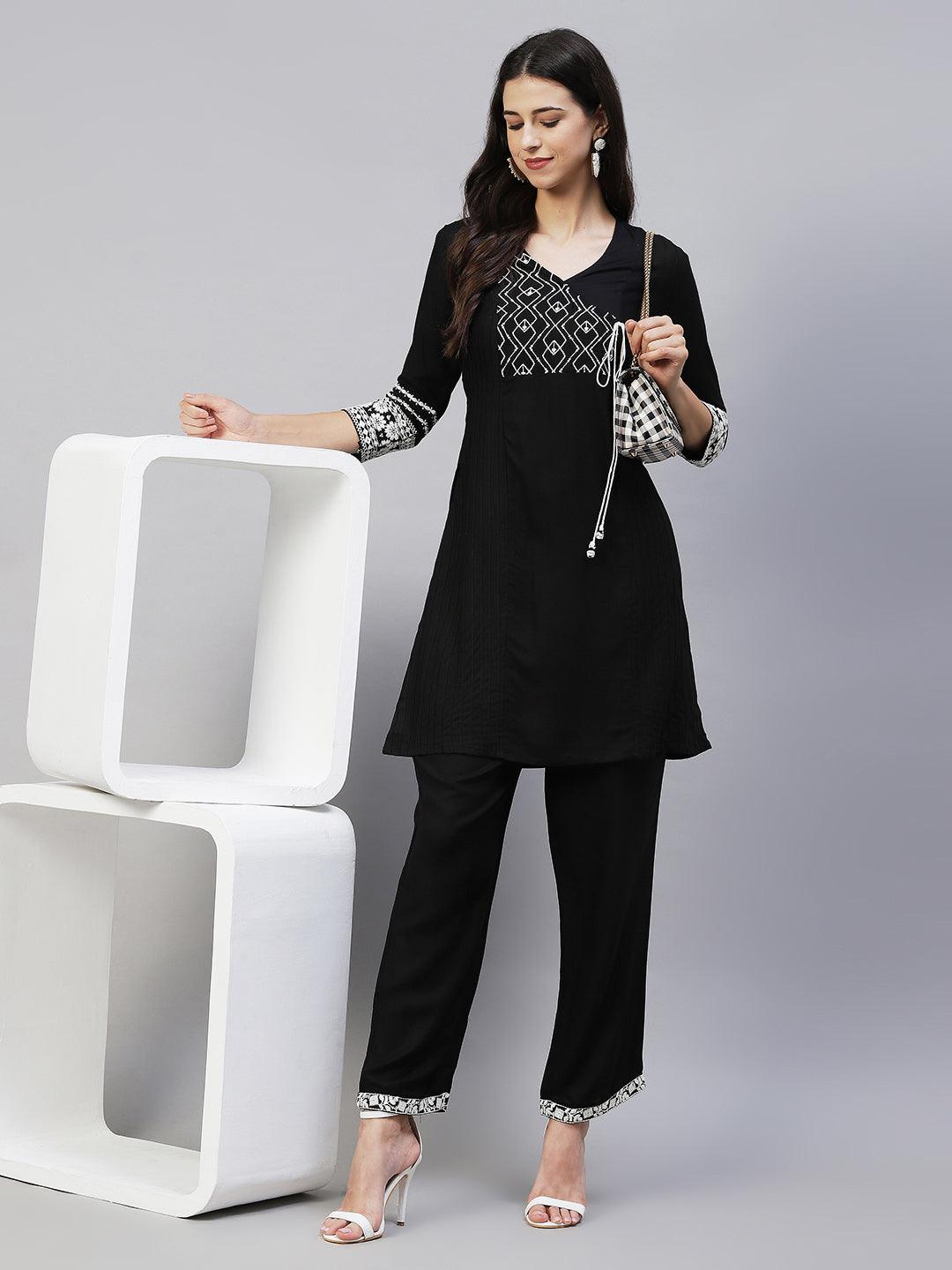 Ethnic Embroidered A-Line Kurta with Pants - Black - Indiakreations