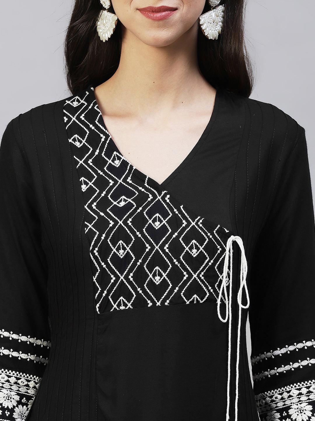 Ethnic Embroidered A-Line Kurta with Pants - Black - Indiakreations