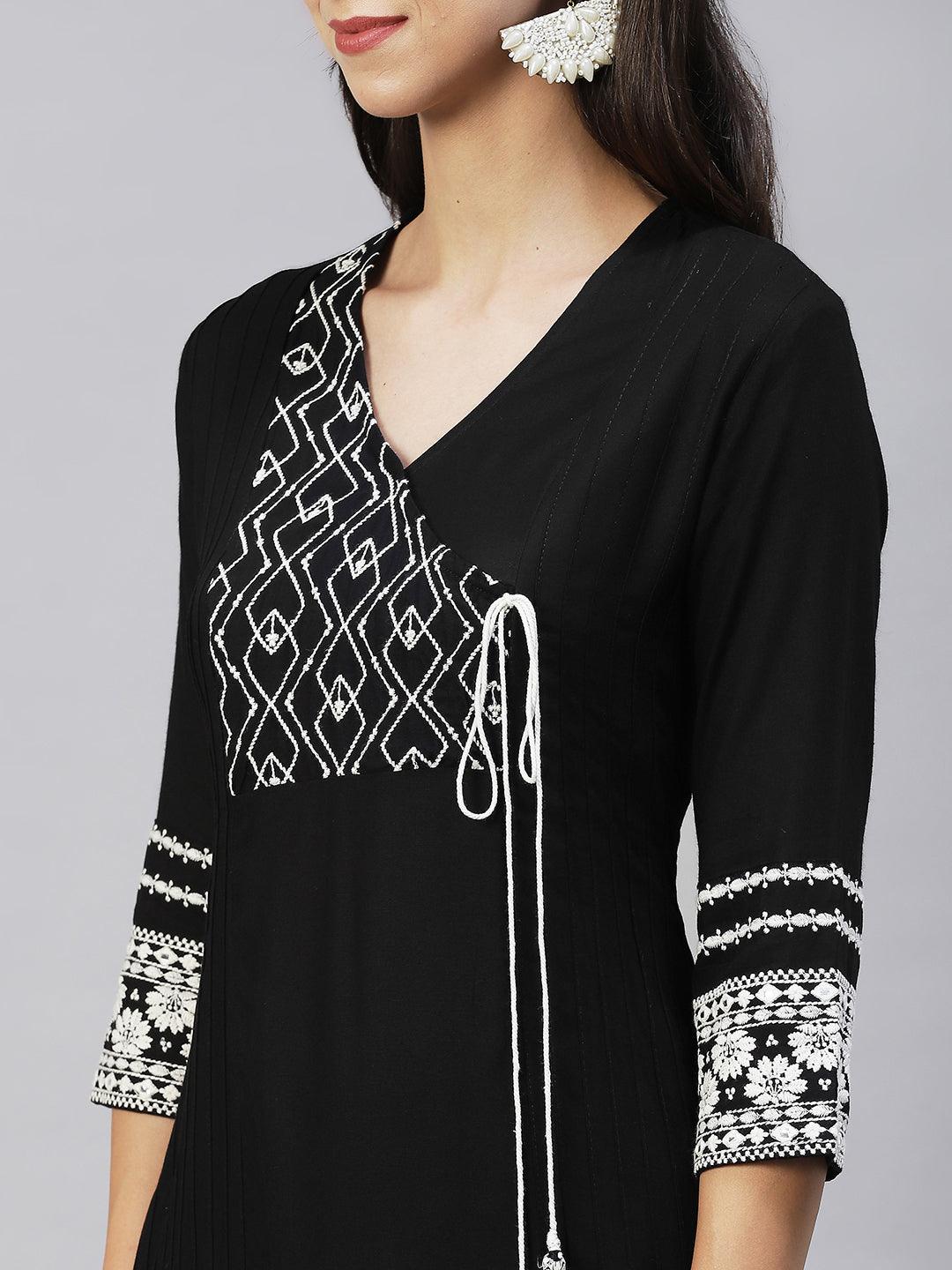 Ethnic Embroidered A-Line Kurta with Pants - Black - Indiakreations