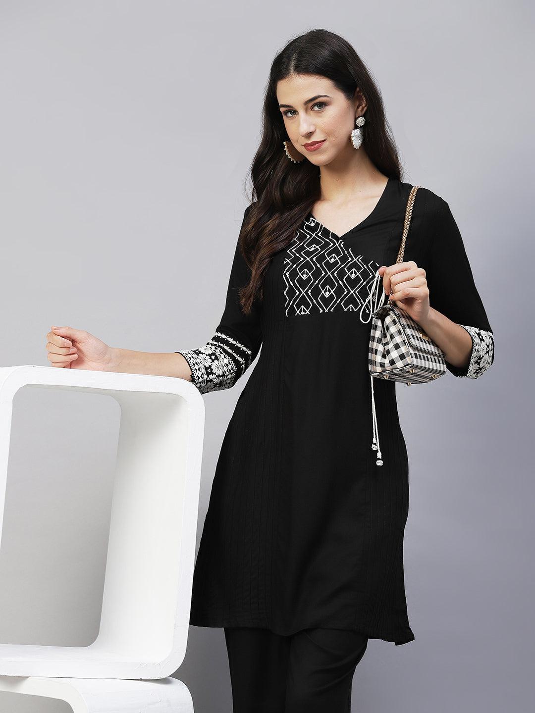 Ethnic Embroidered A-Line Kurta with Pants - Black - Indiakreations