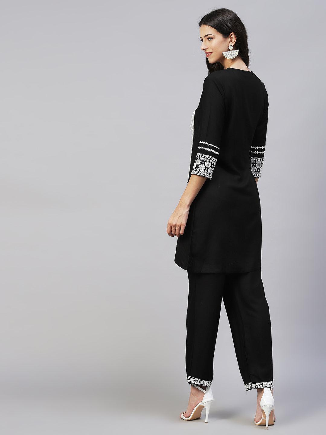 Ethnic Embroidered A-Line Kurta with Pants - Black - Indiakreations