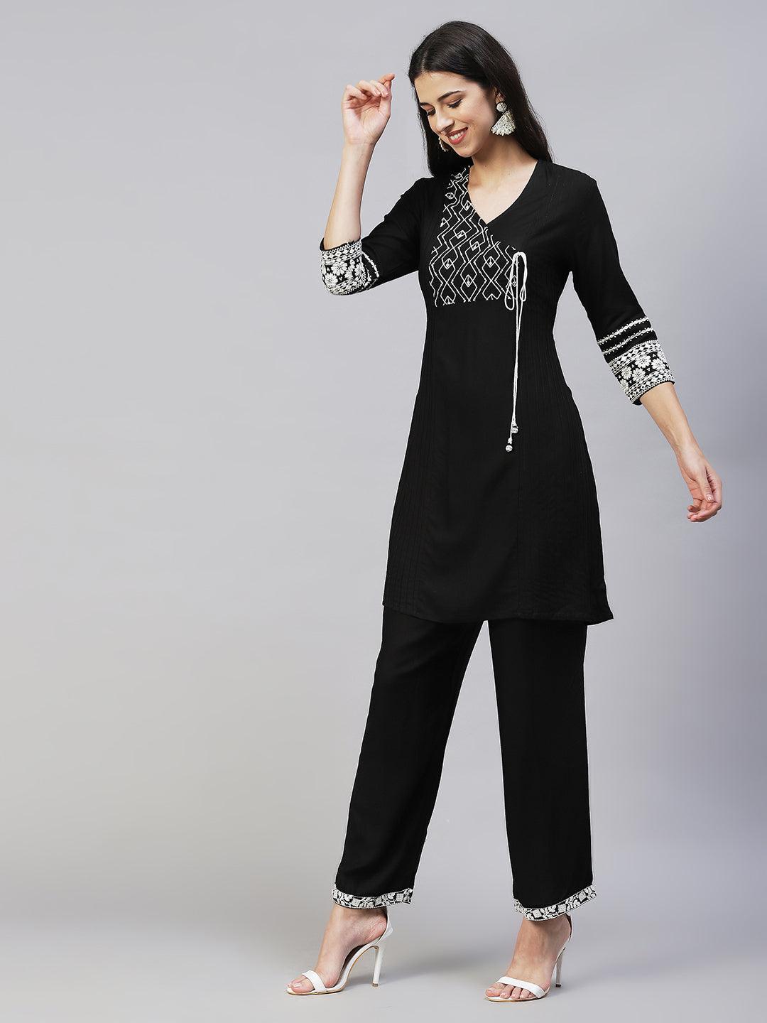 Ethnic Embroidered A-Line Kurta with Pants - Black - Indiakreations