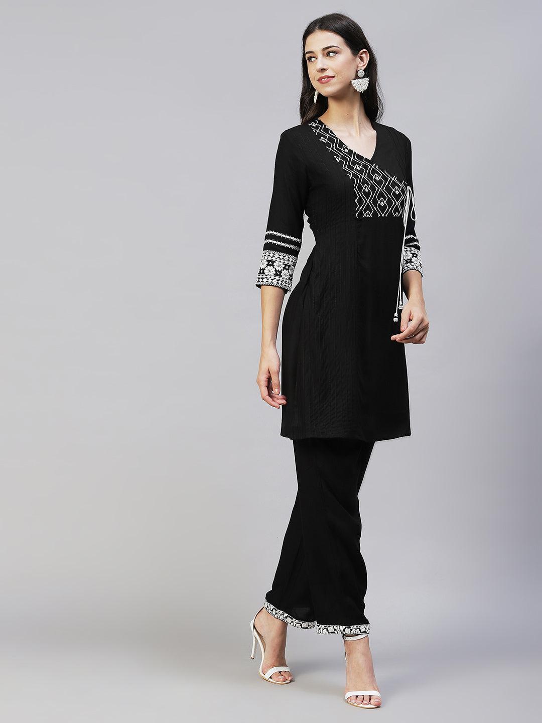 Ethnic Embroidered A-Line Kurta with Pants - Black - Indiakreations