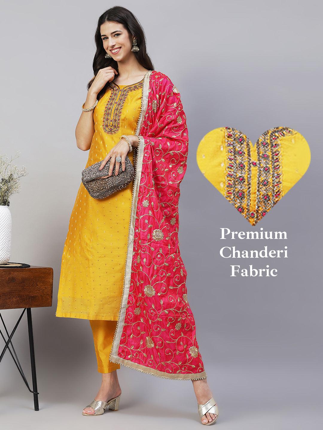 Floral Hand Embroidered Kurta with Pants & Dupatta - Yellow - Indiakreations