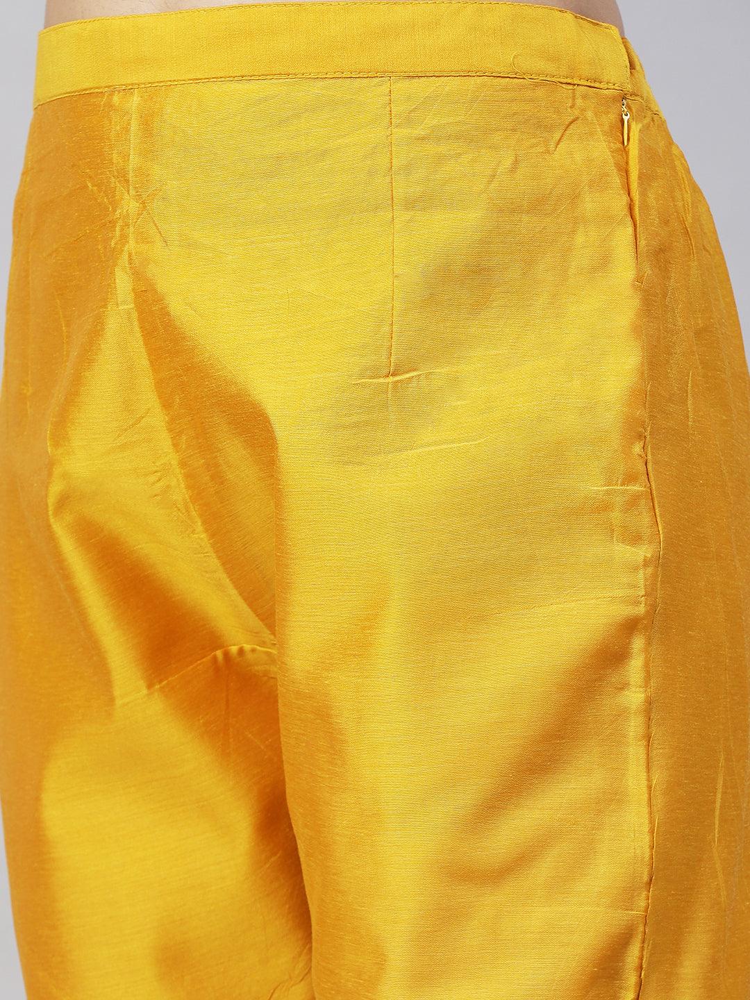 Floral Hand Embroidered Kurta with Pants & Dupatta - Yellow - Indiakreations