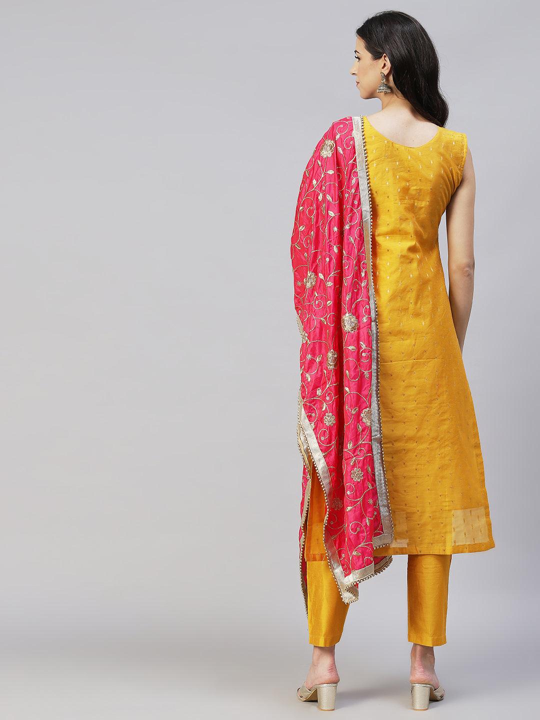 Floral Hand Embroidered Kurta with Pants & Dupatta - Yellow - Indiakreations